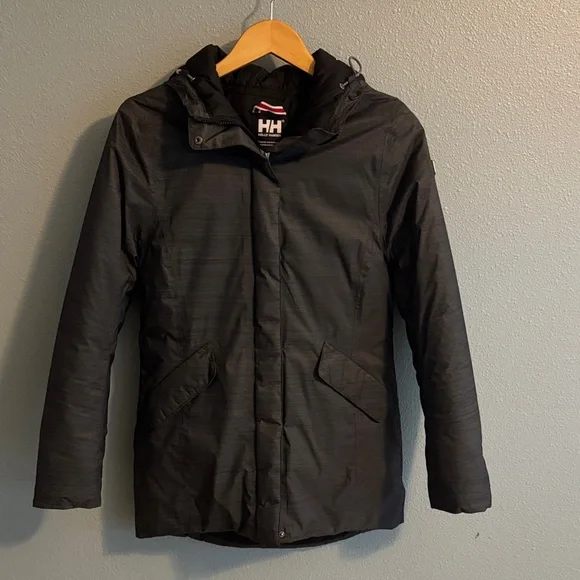 Helly Hansen Heathered Dark Grey/ Black Hooded Puffer Coat - Picture 1 of 2